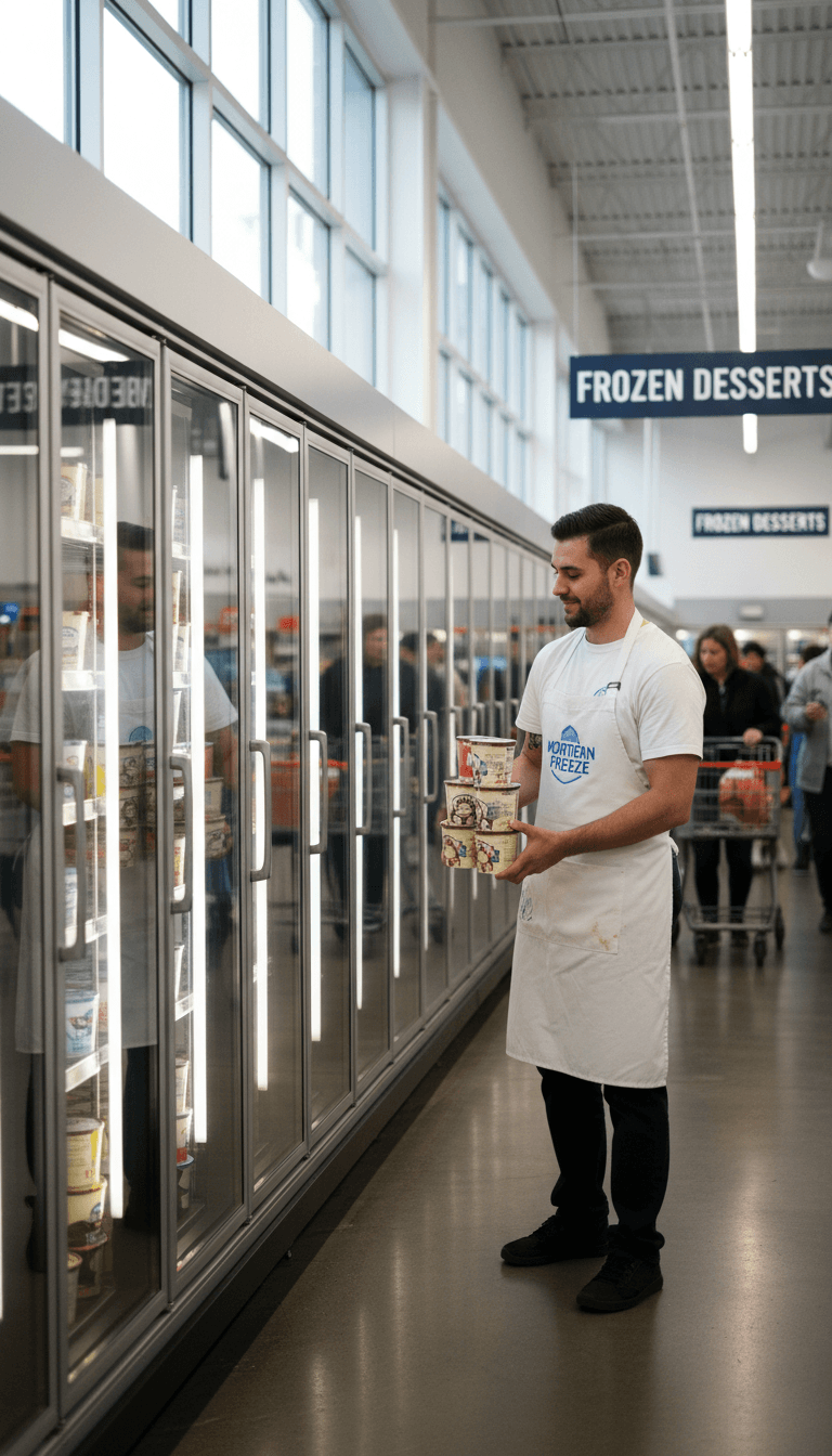 Supplier restocking ice cream tubs in a commercial freezer