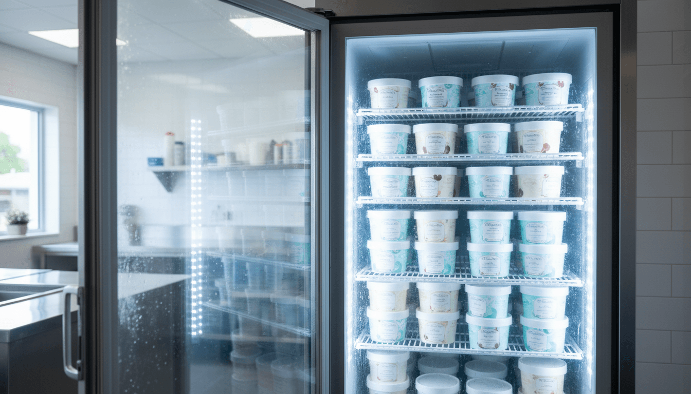 Commercial freezer stocked with ice cream products