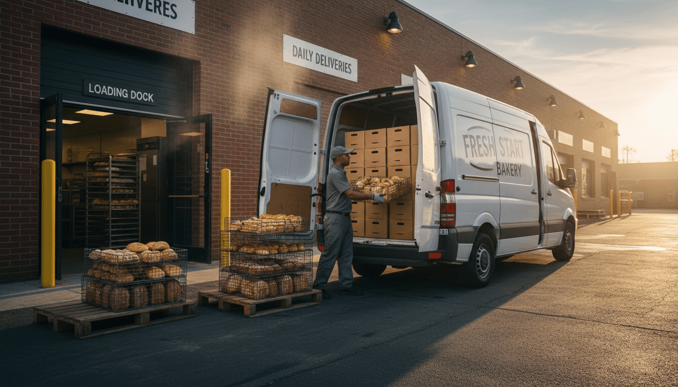 Boxes of frozen products being loaded into a delivery van from a warehouse