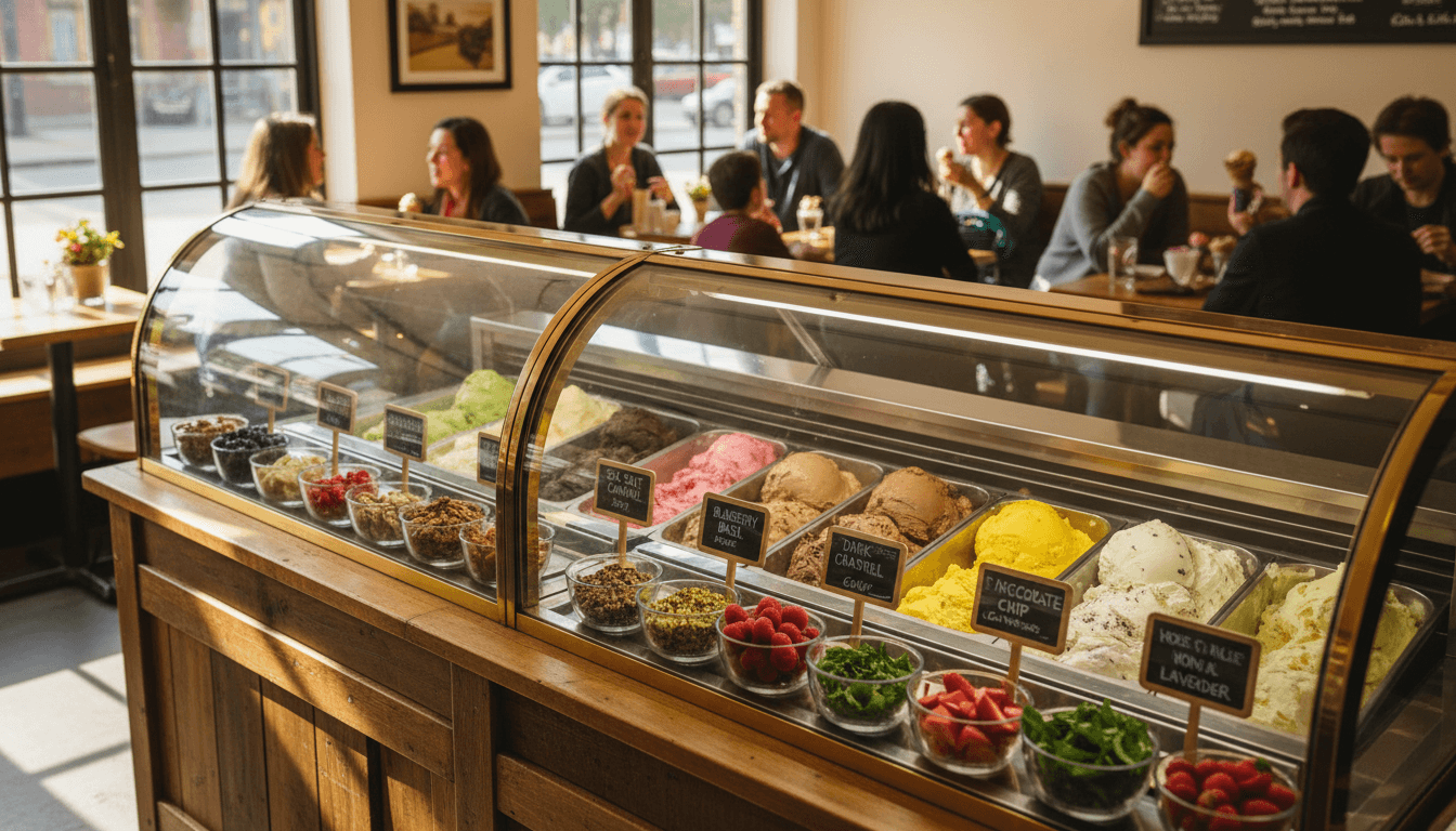 Tubs of classic ice cream flavors neatly arranged in a commercial freezer case