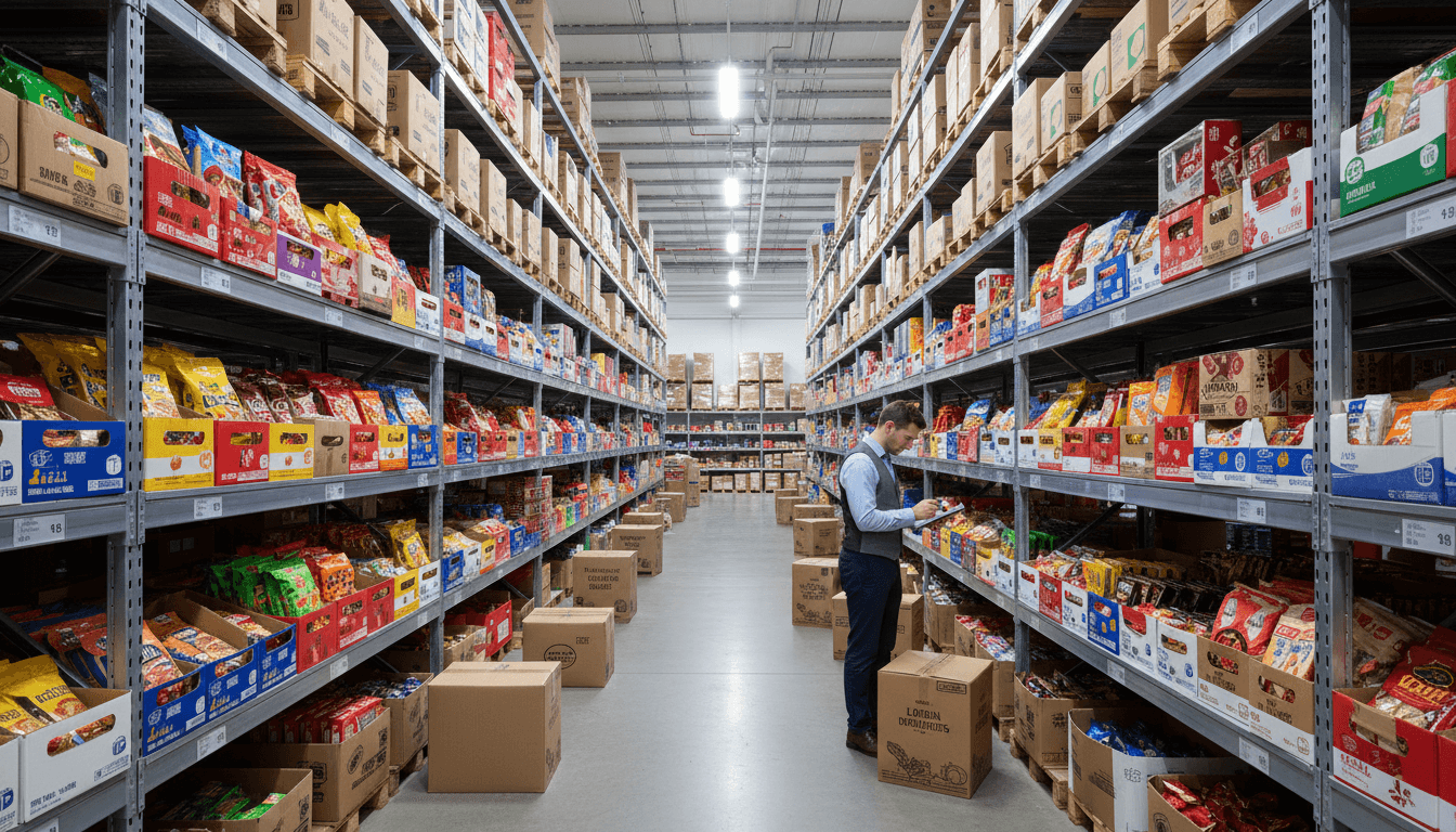Large tubs of dessert base stacked on a pallet in a commercial storage room