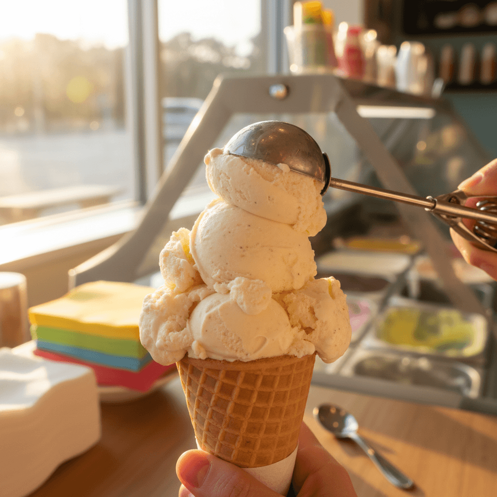 Server scooping ice cream for a customer