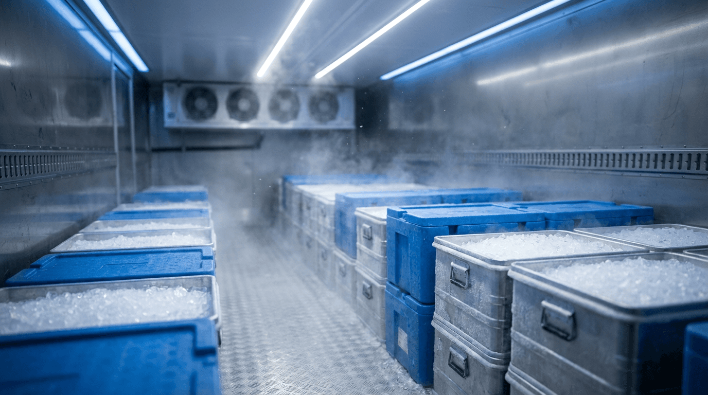 Stacked ice cream tubs in a commercial freezer